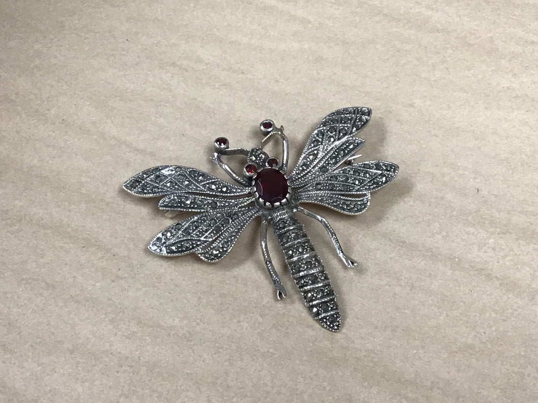 Vintage Silver Dragonfly Pin Garnet