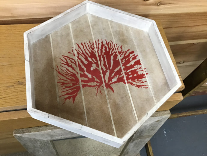 Wood Hexagon Red Coral Tray 14