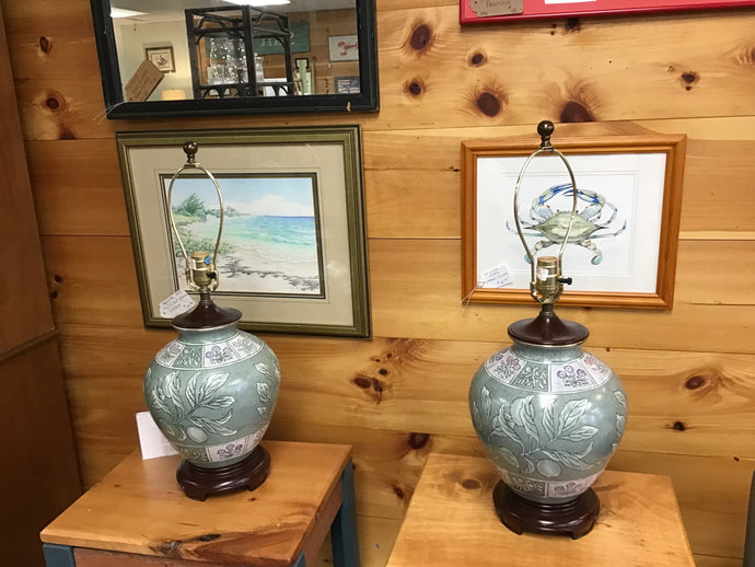 Pair Green Flowered Table Lamps 27