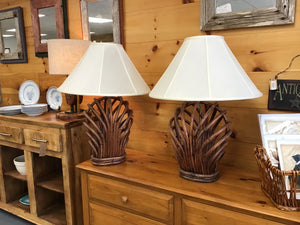 Pair Vintage Bent Rattan Lamps