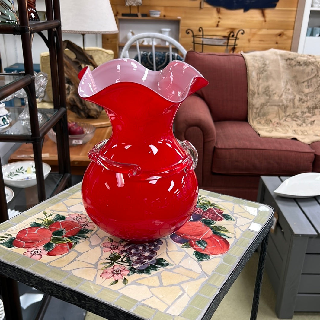Ruffled Red Glass Vase Applied Rope