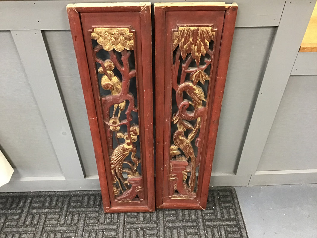 Antique Red Carved Oriental Panels