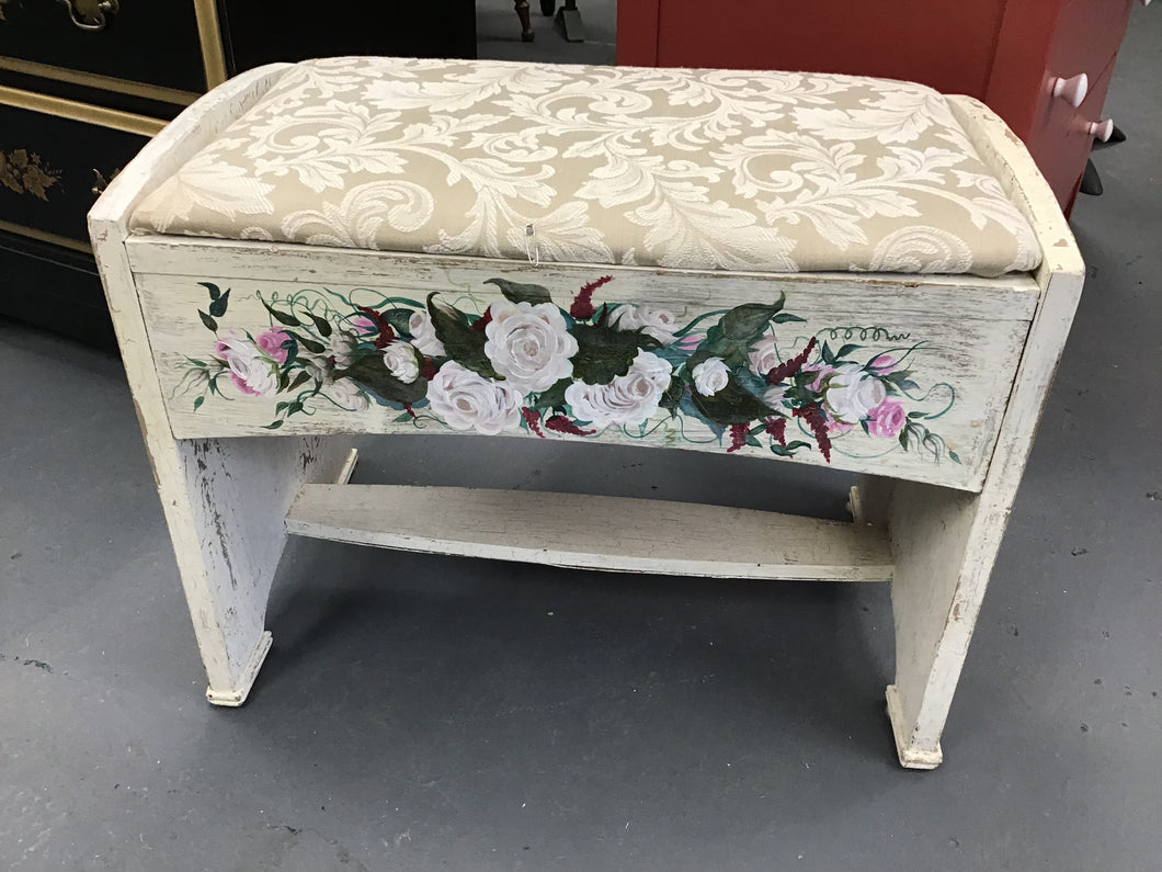 White Floral Painted Stool/ Drawer